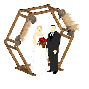 May include: A wooden wedding arch with a geometric design, decorated with dried grasses and fabric accents. A bride in a white gown and a groom in a black suit stand beneath the arch. The bride holds a bouquet of red roses.