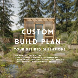 May include: A wooden shed with a blue door is the focal point of this image. The text "CUSTOM BUILD PLAN" and "YOUR DESIRED DIMENSIONS" are displayed in white. Additional text provides instructions for customisation, including desired dimensions.