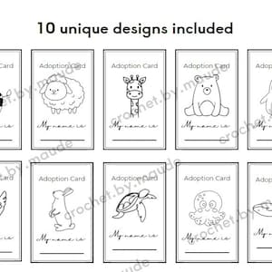 Adoptiekaartjesset voor knuffels – Afdrukbaar pakket met dierenthema (10 ontwerpen)