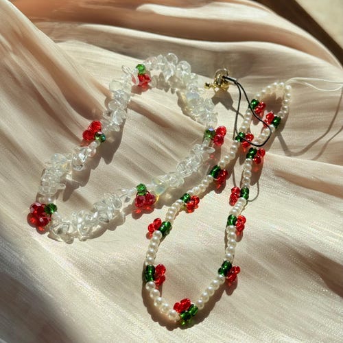 Beaded Cherry Phone Strap / Camera Strap / Keychain – Cute & Trendy Natural Stone Bag Charm
