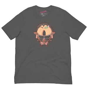May include: A dark gray t-shirt with a cartoon image of a donut wearing a Saiyan armor. The donut has a green eye patch and a serious expression.