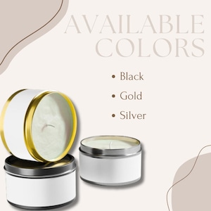May include: Three candle jars with white labels. The jars are available in black, gold, and silver. The text "AVAILABLE COLORS" is at the top of the image.