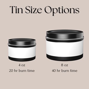 May include: Two black metal candle tins with white labels. The smaller tin is 4 oz and has a 20 hour burn time. The larger tin is 8 oz and has a 40 hour burn time.
