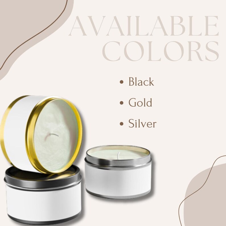 May include: Three candle jars with white labels. The jars are available in black, gold, and silver. The text "AVAILABLE COLORS" is at the top of the image.