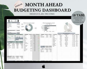 Annual Month Ahead Budget | Irregular Income Budget | Monthly Budget | Budgeting Dashboard | Budget Spreadsheet | Savings Tracker