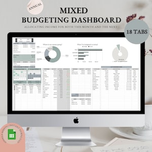 May include: A computer screen displaying a budgeting dashboard with the title "Mixed Budgeting Dashboard". The dashboard includes a pie chart, bar graphs, and tables for tracking income and expenses. The dashboard is designed to help users allocate income for both the current month and the next month. The dashboard is labeled with "18 Tabs" in the top right corner.