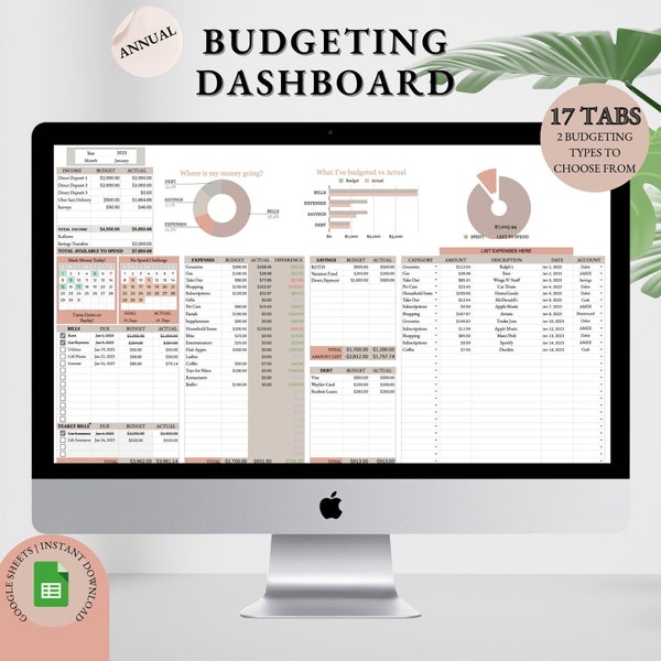 Jährliches Budget-Dashboard | Google Sheets Budget Vorlage | Automatisiertes persönliches Budget-Dashboard | Haushalts-Schulden-Ersparnis-Tracker