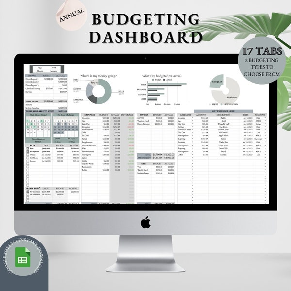 Annual Budgeting Dashboard | Google Sheets Budget Template | Automated Personal Finance Budget Dashboard | Budget Debt Saving Tracker