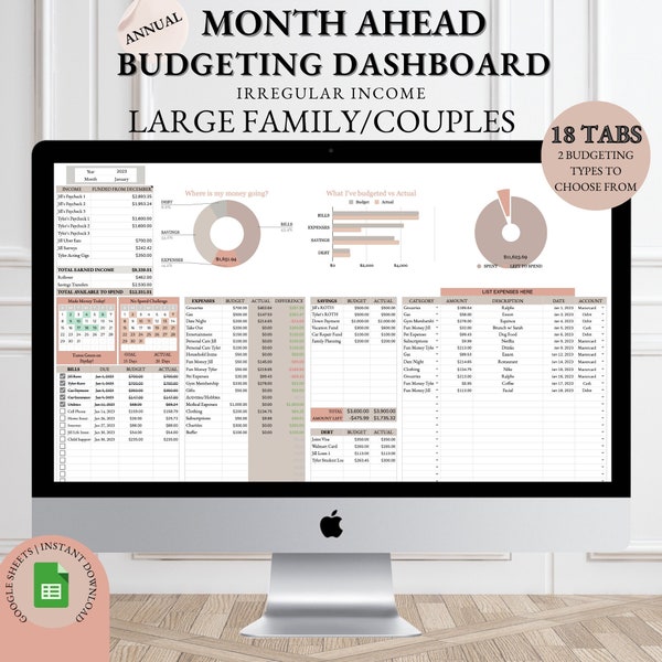 Familie Jährlich Monat im Voraus Budget Dashboard | Monatliche Budget Tabelle | Paare Haushalt | Planer | Google Sheets