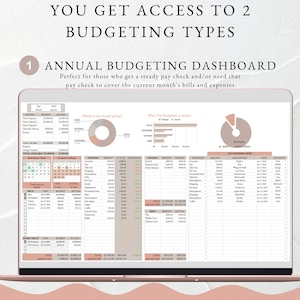 Pu&ograve; includere: Un cruscotto di budget digitale con uno schema di colori rosa e marrone. Il cruscotto include sezioni per entrate, spese, risparmi e debiti. Include anche un grafico a torta che mostra dove vanno i soldi e un grafico a barre che mostra il budget rispetto alla spesa effettiva.
