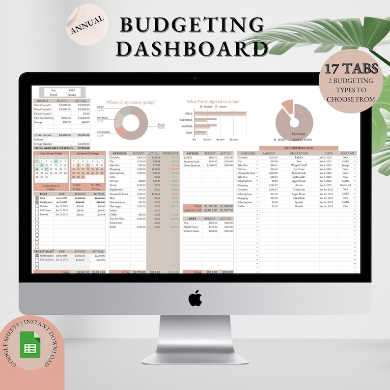 Jährliches Budget-Dashboard Google Sheets Budget Vorlage Automatisiertes persönliches Budget-Dashboard Haushalts-Schulden-Ersparnis-Tracker Bild 1