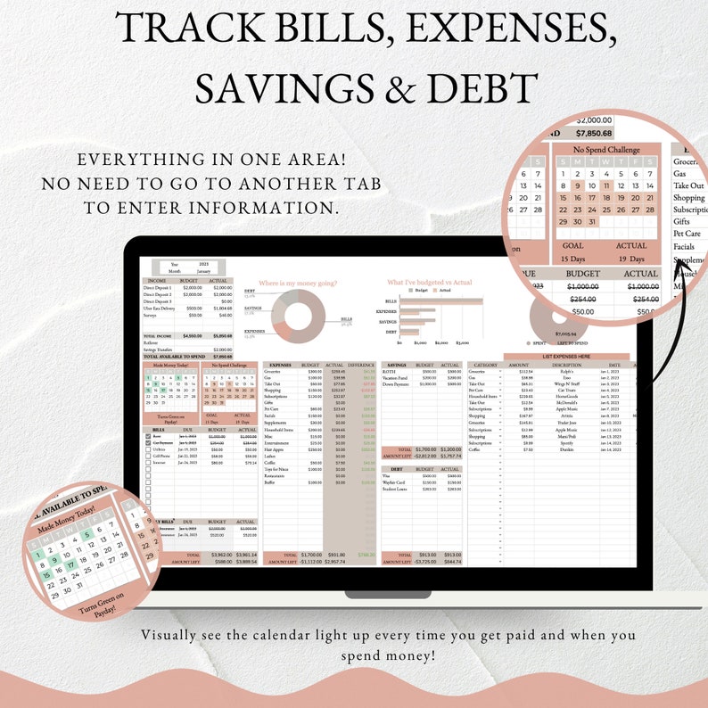 Pu&ograve; includere: Un foglio di calcolo di tracciamento del budget digitale con un calendario, grafici e diagrammi. Il foglio di calcolo &egrave; progettato per aiutare gli utenti a tenere traccia dei loro redditi, spese, risparmi e debiti. Il foglio di calcolo &egrave; organizzato in sezioni per redditi, spese, risparmi e debiti. Il calendario viene utilizzato per tenere traccia delle spese e dei redditi. I grafici e i diagrammi vengono utilizzati per visualizzare i modelli di spesa e monitorare i progressi verso gli obiettivi finanziari. Il foglio di calcolo &egrave; intitolato "Track Bills, Expenses, Savings & Debt".