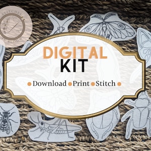 May include: A digital kit featuring insect-themed embroidery patterns. The image shows various insect designs, including a spider, moth, and beetle, with the words "DIGITAL KIT" and instructions to download, print, and stitch.