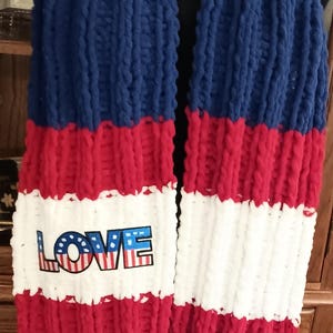 Patriotic - Red, white, and blue hand knit scarf with a LOVE patch