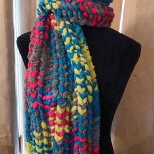 Hand knit, extra thick, bright and colorful scarf