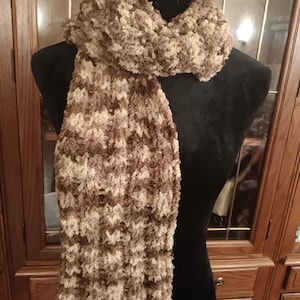 Hand knit scarf in shades of brown and tan, warm, light weight and fashionable