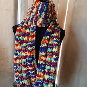 Celebrate the colors of the rainbow with this hand knit scarf