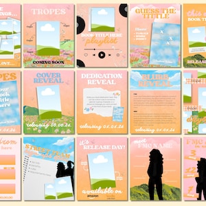 May include: A collection of digital book promotion templates in shades of peach, pink, and orange. Each template features text, graphics, and placeholders for images. The templates are designed for social media and book marketing.