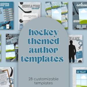 May include: A collection of hockey-themed author templates. The templates feature various designs with hockey sticks, pucks, and player silhouettes. The text includes phrases like "Trope", "Book Title", and "Author Name". The templates are customizable.