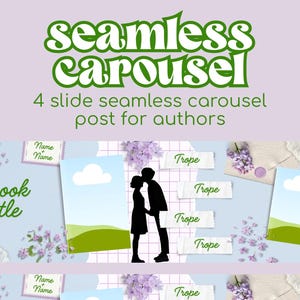 May include: A seamless carousel design for authors, featuring a light purple background with floral accents. The design includes the text "seamless carousel" and "4 slide seamless carousel post for authors". Elements include a couple silhouette, book title, and "Trope" labels.