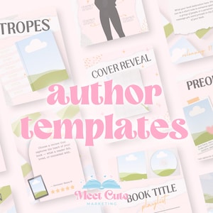 May include: A collection of author templates in a soft pink color scheme. The text "author templates" is in a large, pink, cursive font. Various templates include "Tropes," "Cover Reveal," and "Preorder Today."