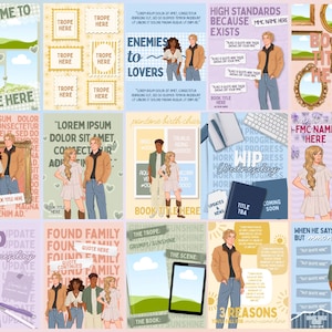 Può includere: Una collezione digitale di quindici modelli per social media a tema libro, con personaggi illustrati, caselle di testo, cornici ed elementi grafici. I design includono vari layout per titoli di libri, nomi di autori e citazioni.