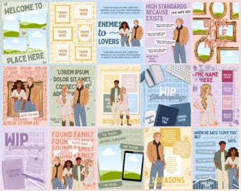 May include: A digital collection of fifteen book-themed social media templates featuring illustrated characters, placeholder text boxes, frames, and graphic elements. The designs include various layouts for book titles, author names, and quotes.