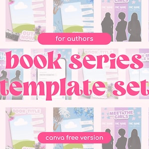Könnte beinhalten: Ein rosa-lila Buchserien-Vorlagensatz mit dem Text "book series template set" in großen rosa Buchstaben. Das Bild enthält Vorlagen mit Platz für Bilder und Text sowie die Wörter "for authors" und "canva free version".