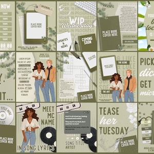 Puede incluir: Una colecci&oacute;n de quince plantillas digitales para redes sociales con una paleta de colores verde oliva, personajes ilustrados, marcadores de posici&oacute;n para portadas de libros, texto, crucigramas, dados, discos de vinilo y reproductores de m&uacute;sica.