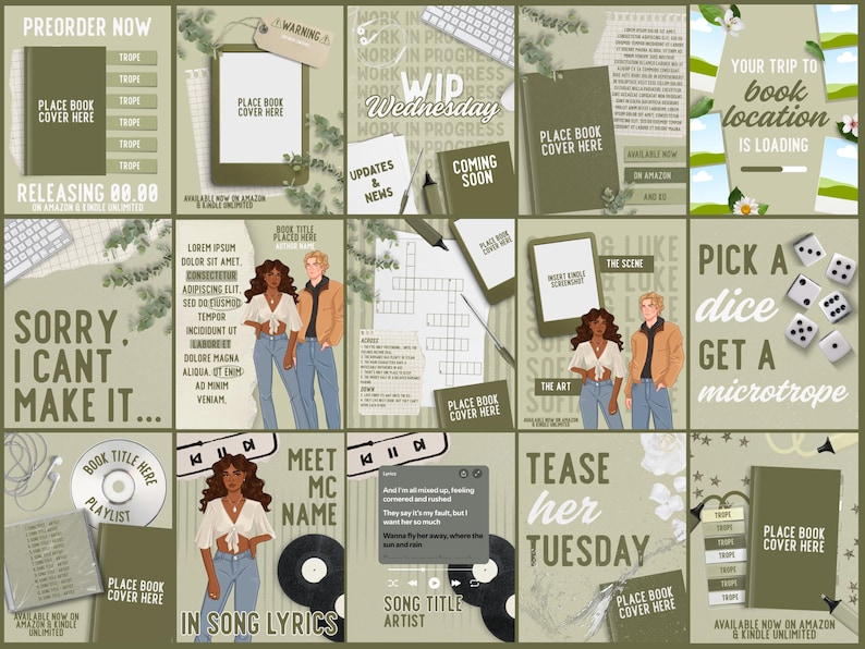 Puede incluir: Una colecci&oacute;n de quince plantillas digitales para redes sociales con una paleta de colores verde oliva, personajes ilustrados, marcadores de posici&oacute;n para portadas de libros, texto, crucigramas, dados, discos de vinilo y reproductores de m&uacute;sica.