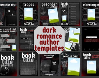 Może przedstawiać: Zestaw szablonów dla autorów dark romance do promocji książek. Szablony zawierają układy z tekstem takim jak "zgadnij tytuł", "tropes" i "zamów w przedsprzedaży dzisiaj". Projekt wykorzystuje schemat kolorów czarny, biały i czerwony.