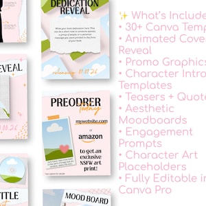 May include: A set of Canva templates in pink and white, featuring animated covers, promo graphics, character intro templates, and mood boards. Text includes "COVER REVEAL", "DEDICATION REVEAL", and "PREODRER Today".
