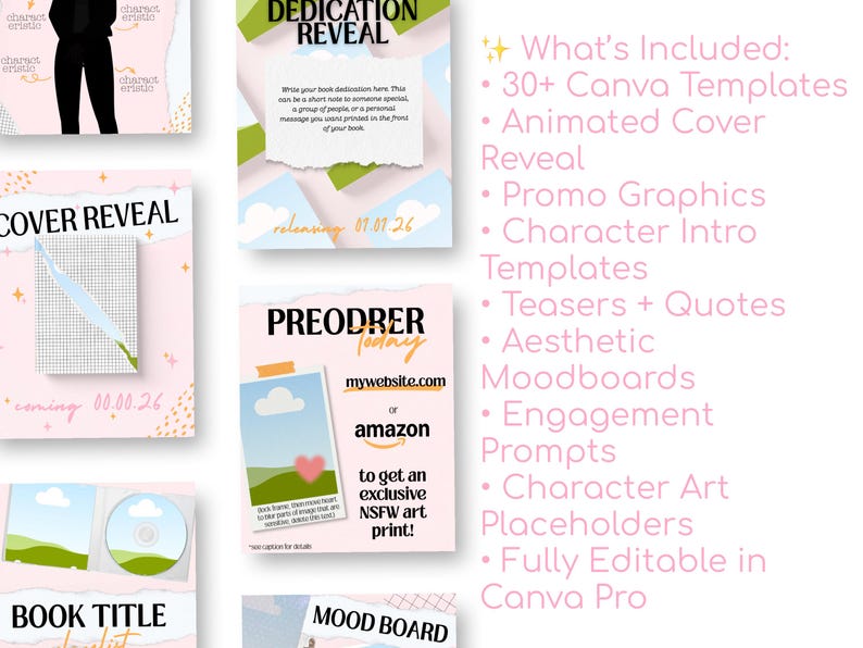 May include: A set of Canva templates in pink and white, featuring animated covers, promo graphics, character intro templates, and mood boards. Text includes "COVER REVEAL", "DEDICATION REVEAL", and "PREODRER Today".