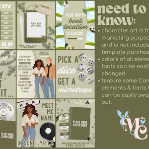 Puede incluir: Un conjunto de plantillas de marketing digital para promoci&oacute;n de libros con fondos verde salvia, marcadores de posici&oacute;n de texto, maquetas de portadas, dados, discos de vinilo y personajes ilustrados. Incluye texto como PREORDER NOW y NEED TO KNOW.