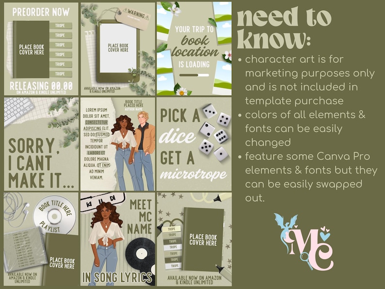 Puede incluir: Un conjunto de plantillas de marketing digital para promoci&oacute;n de libros con fondos verde salvia, marcadores de posici&oacute;n de texto, maquetas de portadas, dados, discos de vinilo y personajes ilustrados. Incluye texto como PREORDER NOW y NEED TO KNOW.