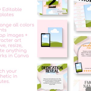 May include: Digital templates with a pastel aesthetic, showcasing book covers and tablet mockups. The templates are designed for easy customisation, allowing users to change colours, fonts, and images. Text includes "Fully Editable Templates" and "Match your aesthetic in minutes."