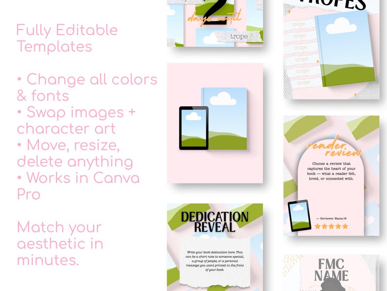 May include: Digital templates with a pastel aesthetic, showcasing book covers and tablet mockups. The templates are designed for easy customisation, allowing users to change colours, fonts, and images. Text includes "Fully Editable Templates" and "Match your aesthetic in minutes."