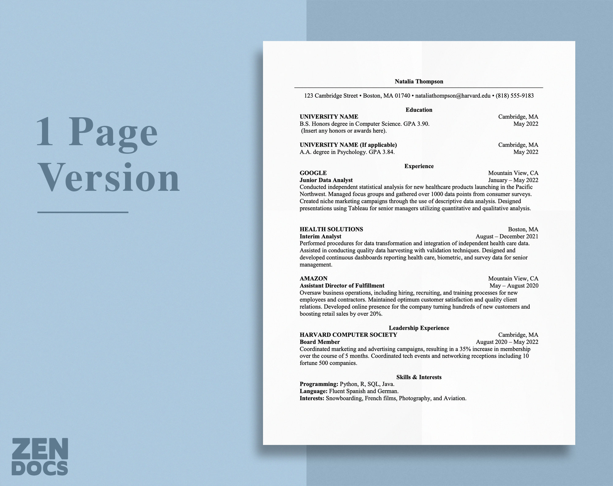 Classic Harvard Resume Template for Word, Professional & Clean, CV