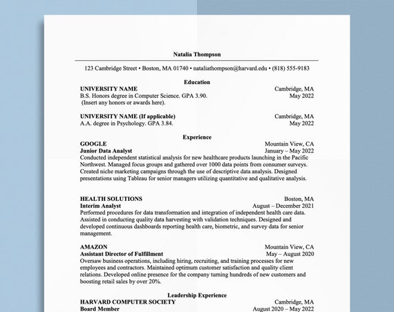 Classic Harvard Resume Template For Word Professional Etsy Ireland