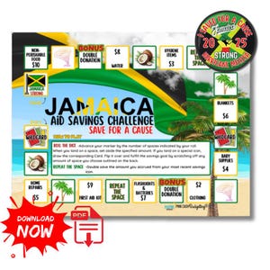 May include: A vibrant game board promoting the "Jamaica Aid Savings Challenge Save for a Cause." The design incorporates the Jamaican flag and includes text boxes with monetary values for items like "Blankets" and "Baby Supplies." The board's theme is centered around aid.