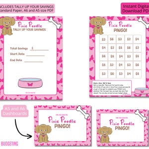 Puede incluir: Un juego de presupuesto y un juego imprimibles de color rosa con un caniche de dibujos animados. El rastreador incluye secciones para el ahorro total, la fecha de inicio y la fecha de fin. El juego es una tarjeta de bingo con cantidades en dólares en cada cuadrado. El juego incluye instrucciones para tirar un dado y cubrir la cantidad correspondiente.