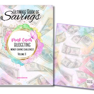 Puede incluir: Una portada de libro rosa y dorada con el título "Ultimate Book of Savings" y el subtítulo "Pink Cash Budgeting: Money-Saving Challenges, Volume II". La portada presenta un fondo de acuarela con billetes de dólar que caen y una mariposa.