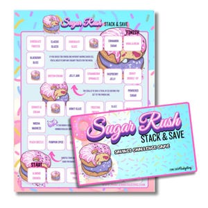 May include: A pink and blue "Sugar Rush Stack & Save" savings challenge game. The game features a donut theme with various flavors listed. The game includes a game board and a smaller card with the game's title and logo.