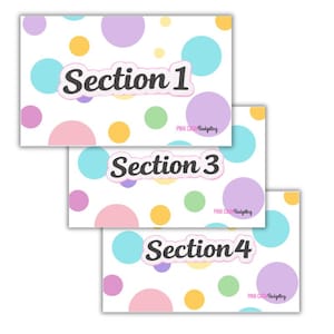 May include: Three white cards with colorful polka dots and the text "Section 1", "Section 3", and "Section 4". The cards have a pink, purple, blue, green, and yellow color scheme. The words "PINK CASH Budgeting" are also visible.