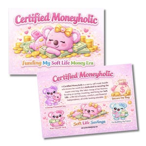 May include: Two pink cards with the text "Certified Moneyholic" and "Funding My Soft Life Money Era". The cards feature illustrations of cute koalas with money and hearts. The second card has additional text and illustrations.
