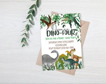Dinosaur 4th Birthday Invitation, Dino-Four, Fourth Birthday Dino Invitation