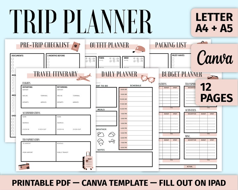 Travel Planner Minimal Printable Planner Letter A4 A5 Canva Instant ...