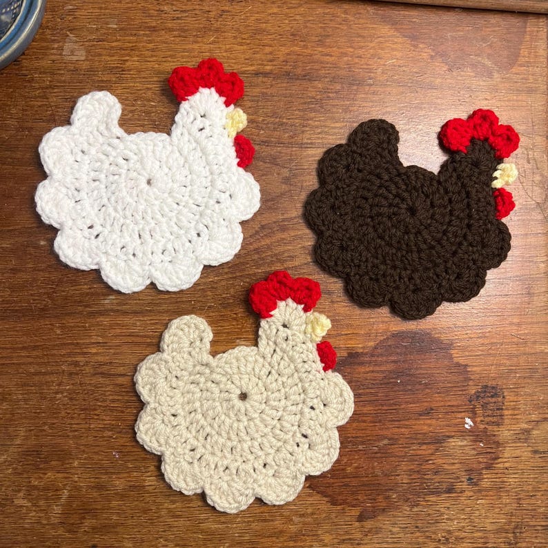 Crochet Chicken Coasters | Farmhouse Decor | Rooster Coaster - Etsy