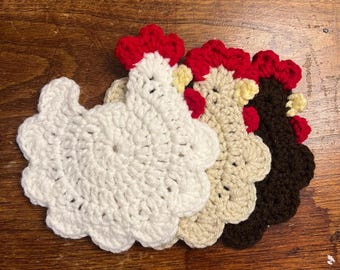 Crochet Chicken Coasters | Farmhouse Decor | Rooster Coaster