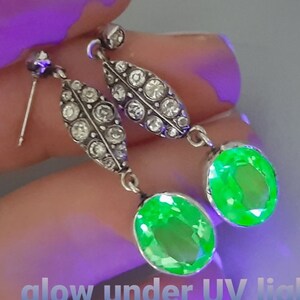 1920s Antique Silver Bell Époque Dangle Earrings Clear Paste Pave, Fancy Uranium Glass Drops, UV Glow Art Glass, Rare Collectable